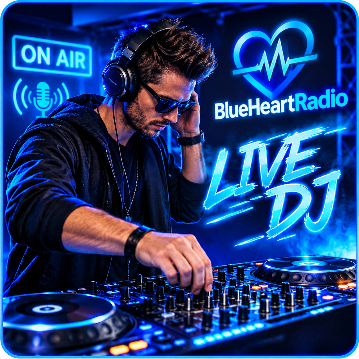 BlueHeartRadio Live DJ im blauen Neon-Studio